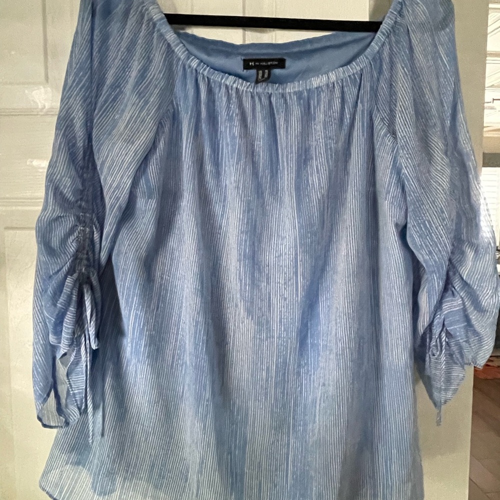 H by Halston Blue Striped Blouse